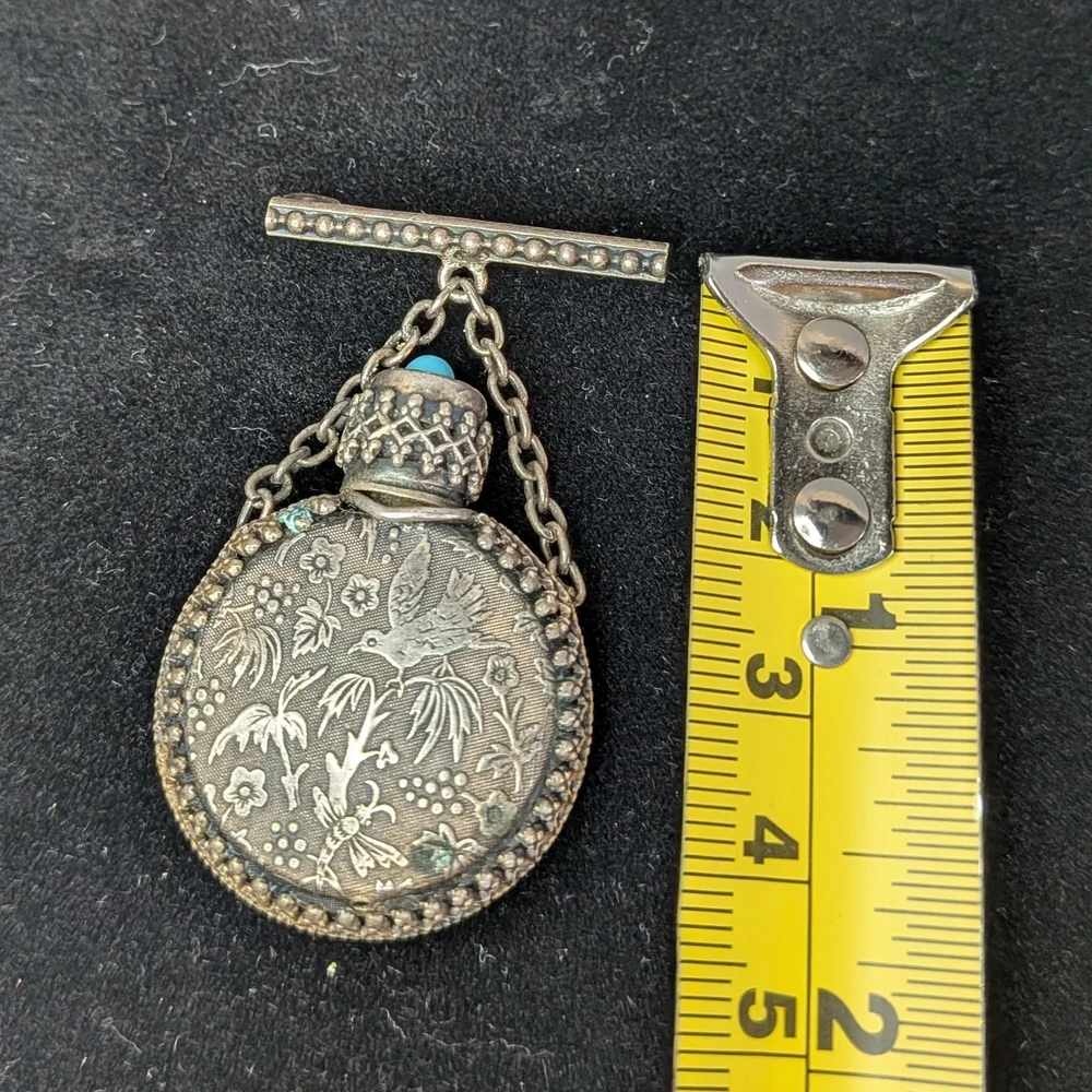 Vintage Victorian Silver Perfume scent Bottle Brooch metal Filigree Turquoise - Picture 5 of 8